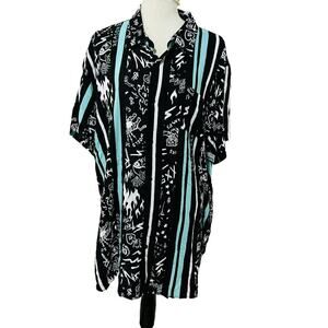 Reasons Black Turquoise Blurry Button Front Shirt 90s Print 3X